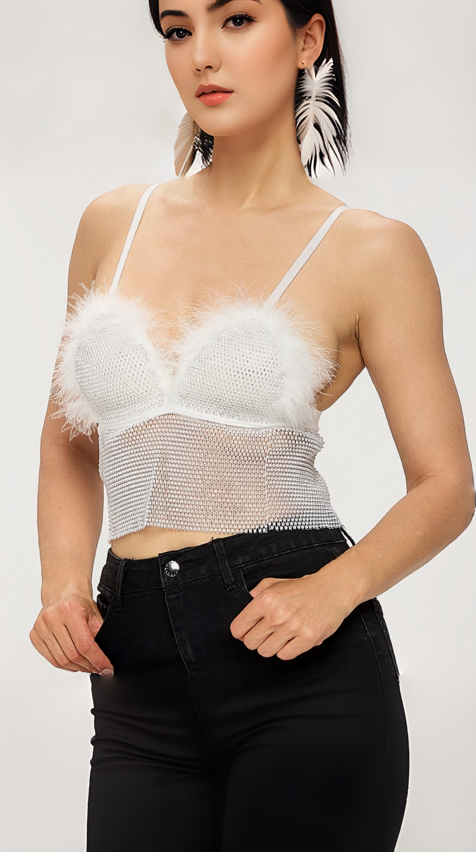 DVBR1085 - Lydia Rhinestone Corset Top with ostrich feather